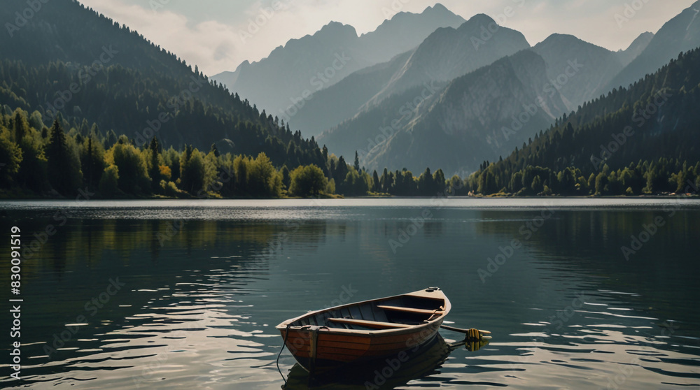rowboats-moored-in-lake-against-mountains-range