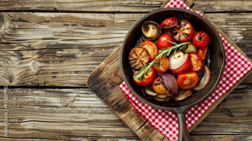 Photo of a cast iron skillet with roasted vegetables including tomatoes, onions, and eggplant on a rustic wooden table. Delicious and healthy homemade meal.