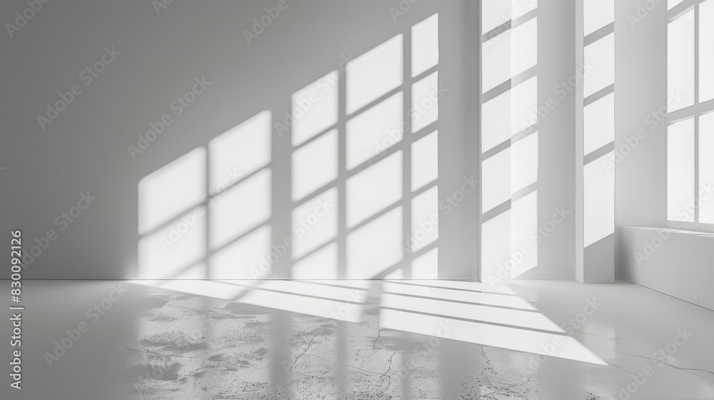 Fototapeta premium Minimal abstract light gray background for product presentation. Windows on the white wall cast soft shadows and light.Warm Light and Soft Shadows Streaming Through Minimalist Gray Wall Window - Seren