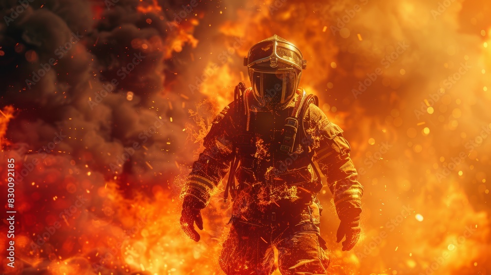 Brave firefighter advancing through intense flames and smoke during a dangerous firefighting operation. Generative Ai Brave firefighter advancing through intense flames and smoke during a dangerous firefighting operation. Generative Ai