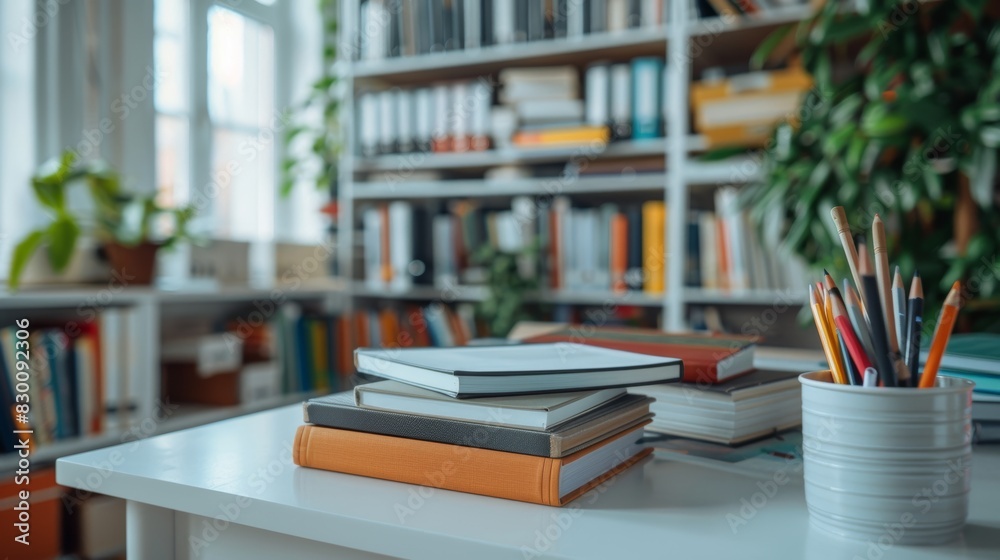 Serene study environment with books and a pen on a table in a brightly lit library setting inspires focus and learning. Generative Ai Serene study environment with books and a pen on a table in a brightly lit library setting inspires focus and learning. Generative Ai