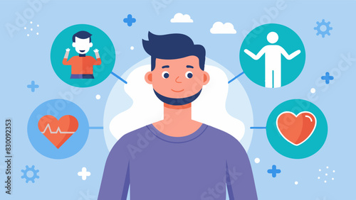 He seeks professional help when needed recognizing that mental health is just as important as physical health in maintaining a healthy body image.. Vector illustration