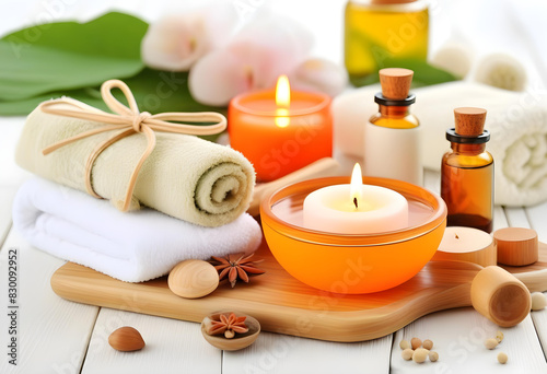 A spa setup with candles, flowers, and towels on a white wooden table