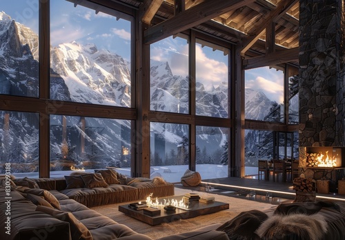 An opulent mountain lodge amidst snow-capped peaks  roaring fires and fur throws create a cozy sanctuary. Floor-to-ceiling windows offer alpine vistas  inviting guests to bask in nature s majesty.