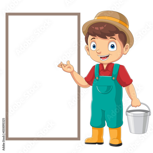 Cartoon little farmer with milk bucket