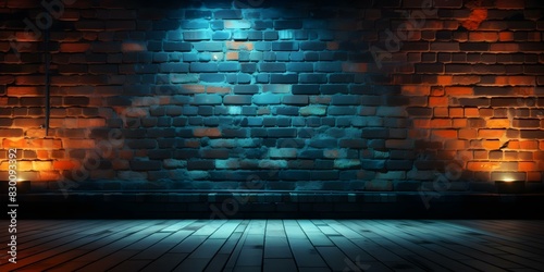 Vibrant neon lights enhance the ambiance of a deserted nighttime street with textured brick walls in D. Concept Nighttime Photography, Neon Lights, Urban Landscape, Textured Brick Walls