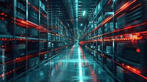 Futuristic data center with vibrant red laser grids portrays the high-tech infrastructure of modern computing. Generative Ai