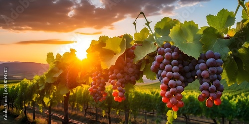 Sunrise or Sunset: Grapes on the Vine in a Vineyard Painting. Concept Sunrise, Sunset, Grapes, Vineyard, Painting