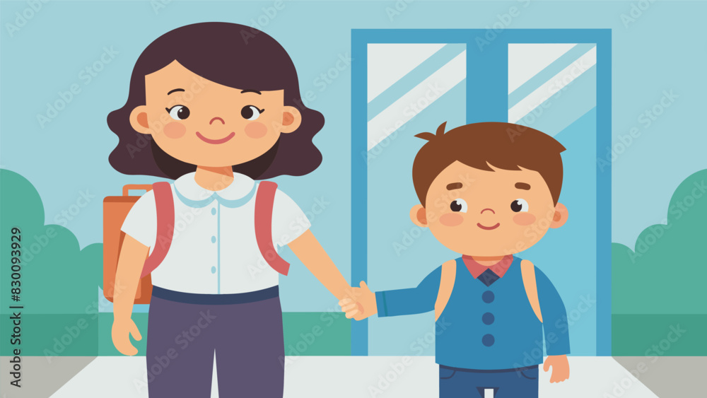 A toddler shyly stands in their brand new school outfit holding their parents hand as they both smile for the camera capturing the first step into their educational journey.. Vector illustration A toddler shyly stands in their brand new school outfit holding their parents hand as they both smile for the camera capturing the first step into their educational journey.. Vector illustration