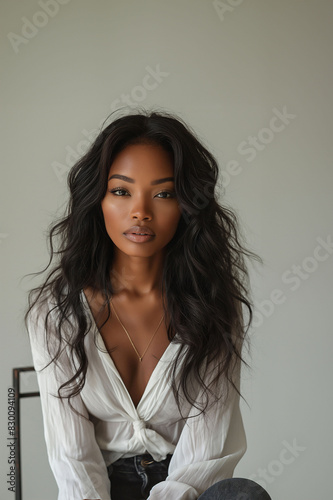 A confident and elegant young black woman sitting isolated, copy space, themes of beautiful models, natural beauty and modeling for clothing brands. © Silga