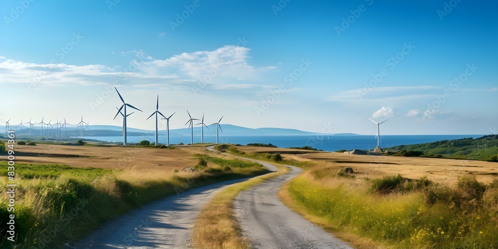 Modern wind turbines generating clean energy under a clear blue sky. Concept Renewable Energy, Sustainable Technology, Clean Power, Wind Turbines, Blue Sky