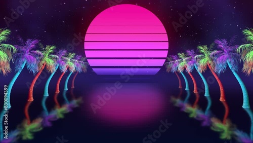 Retro animated glowing neon sun surrounded by colorful palm trees moving in a seamless loop.