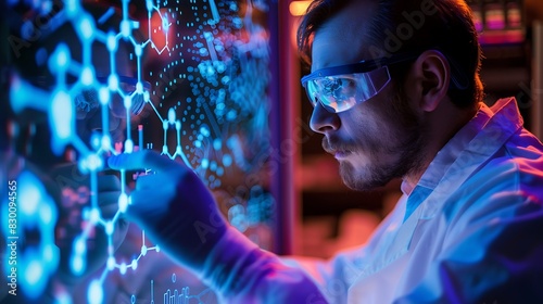Technician adjusting a holographic display of molecular structures in a biotech lab photo