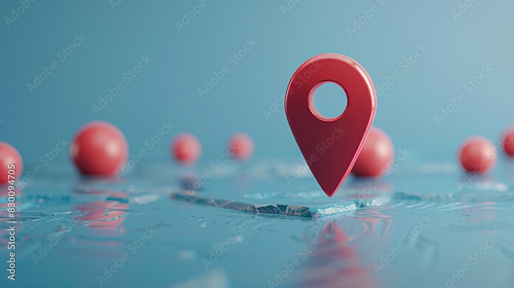 Close-up of a red location pin on a map with blurred red spheres in the background over a blue surface, concept of navigation and pinpointing. Close-up of a red location pin on a map with blurred red spheres in the background over a blue surface, concept of navigation and pinpointing.