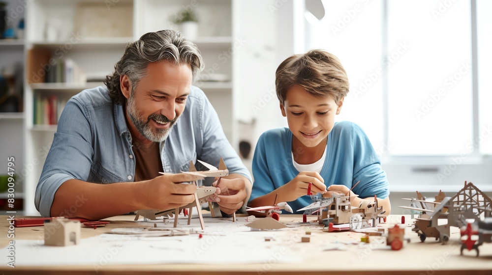 Father and son enjoying building models together at home, sharing a bonding and educational experience. Father and son enjoying building models together at home, sharing a bonding and educational experience.