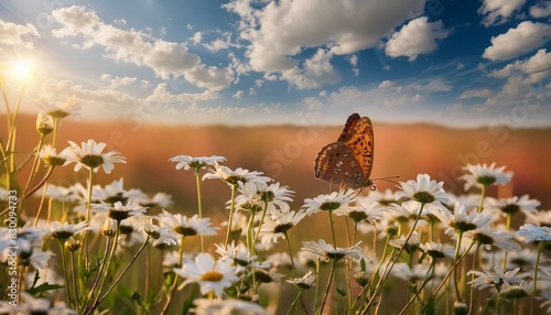 Beautiful field meadow flowers chamomile and butterfly against blue sky with clouds, nature spring summer landscape, close-up macro, Ai Generate