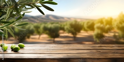 Displaying Products on an Old Wooden Table with a Bokeh Background of a Green Olive Field. Concept Product Photography  Vintage Setting  Nature Background  Rustic Display  Bokeh Effect