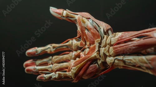 A close-up of a human hand, highlighting the bones and tendons beneath the skin in a detailed and anatomically accurate view.