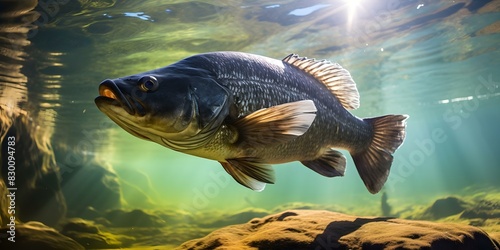 Large black bass in freshwater fishing game. Concept Freshwater Fishing, Large Black Bass, Catching Trophy Fish, Angling Techniques, Fishing Video Games photo
