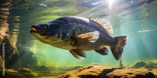 Large black bass in freshwater fishing game. Concept Freshwater Fishing, Large Black Bass, Catching Trophy Fish, Angling Techniques, Fishing Video Games