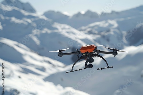 A compact, portable drone with foldable arms, flying over a snow-covered mountain range photo