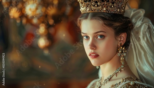 Portrait of a beautiful young woman in a golden crown and historical dress.