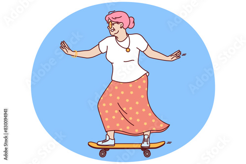 Older woman rides skateboard wanting to stay young and act like teenager heading to skatepark. Elderly woman with skateboard enjoys retirement age and lack of work responsibilities