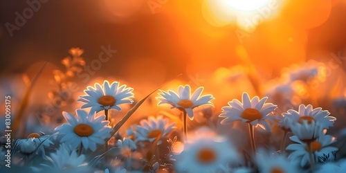 Dusk Descending on a Meadow of White Daisies. Concept Nature Photography, Sunset Scenes, Wildflower Landscapes © Anastasiia