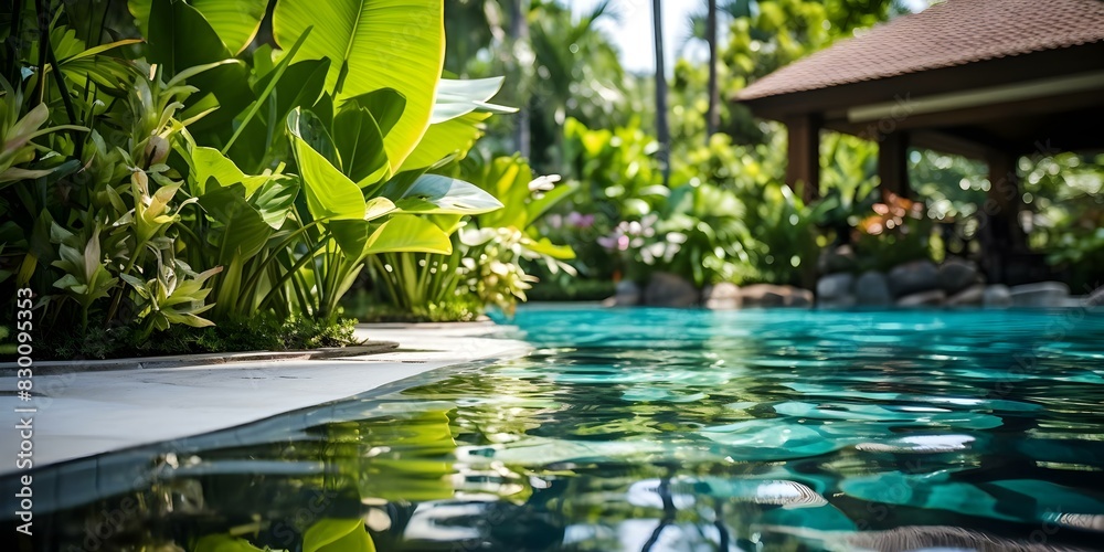 Serene Ambiance at a Luxury Hotel Swimming Pool Surrounded by Lush Greenery. Concept Luxury Hotel, Swimming Pool, Serene Ambiance, Lush Greenery, Relaxation