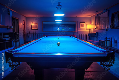 Scene with a blue rectangle as the billiard table, with square cutouts at the corners and midpoints of the long sides, photo