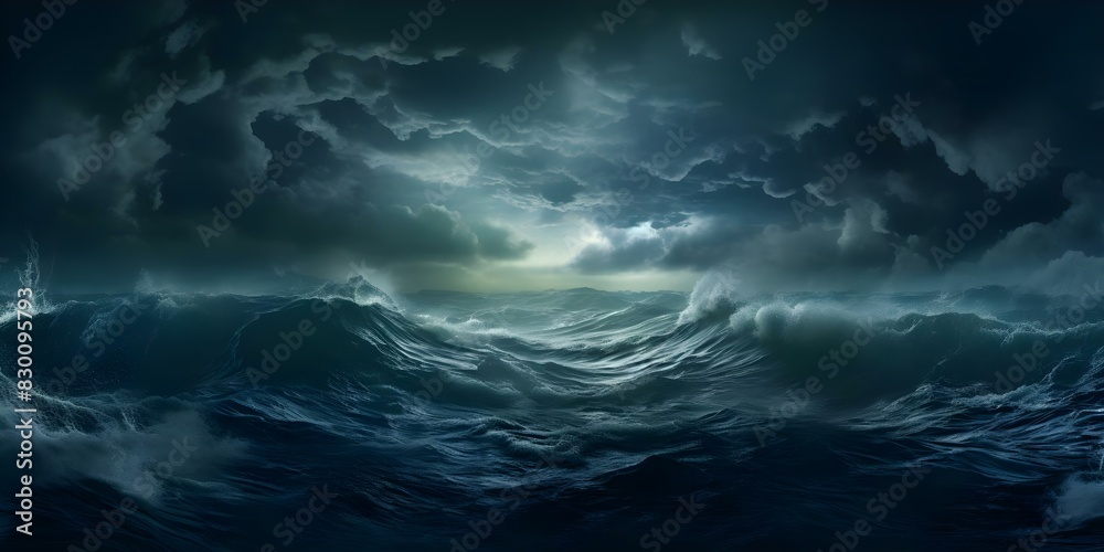 A foreboding atmosphere with ominous clouds hanging over a mysterious and eerie ocean. Concept Mysterious Ocean, Ominous Clouds, Eerie Atmosphere, Foreboding Scene