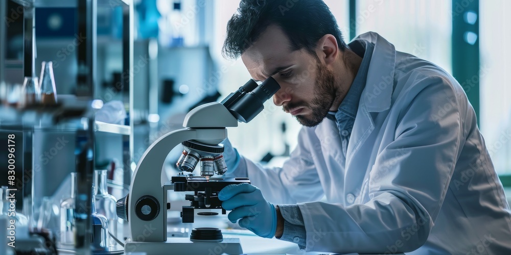 Scientist looking through microscope in laboratory Scientist looking through microscope in laboratory