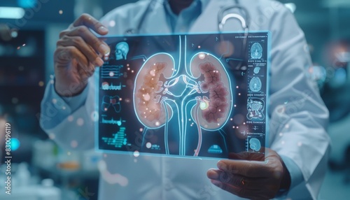 Doctor examining a 3D scan of kidneys on a digital tablet.