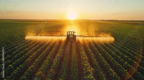 Sunset over a lush farm field with a tractor at work, captured in a stunning aerial view that highlights the beauty of agriculture. Generative Ai