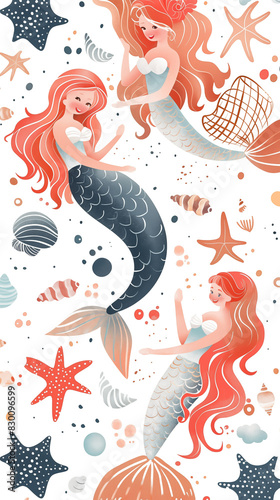 Cute mermaids, seaweed, shells, and starfish on white background pattern © MariiaDemchenko