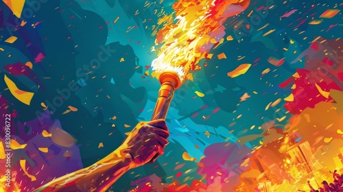 Dynamic illustration of a vibrant torchbearer with a flaming torch, symbolizing triumph and celebration in a festive setting. Generative Ai photo