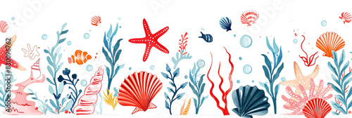 Underwater scene with shells, coral, and plants banner. Panoramic web header. Wide screen wallpaper
