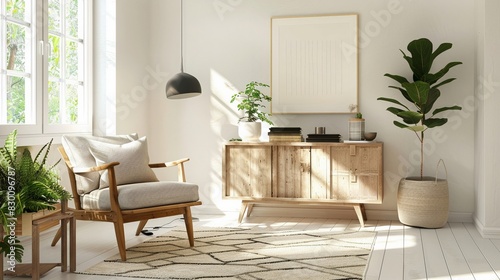 Scandinavianinspired living space with a comfortable armchair and sleek cabinet neutral tones bright and airy © Tonpoht