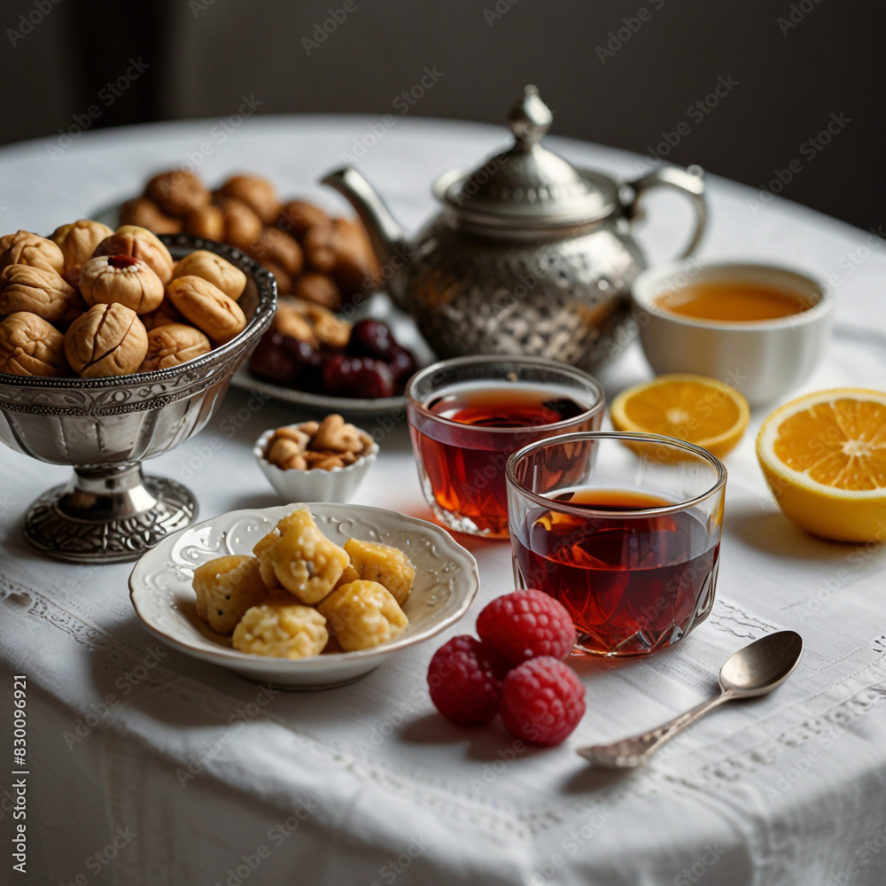 Tea set with varieties of traditional nuts lemon Tea set with varieties of traditional nuts lemon
