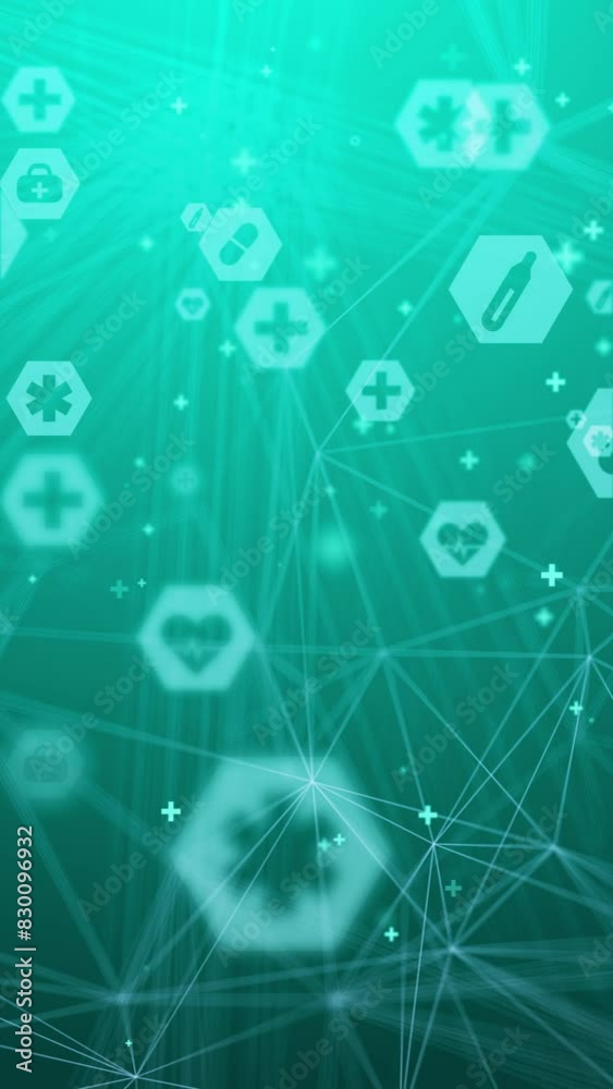 Dental icons in hexagons on abstract green background with plexus lines and triangles. Medical looping motion graphics. Vertical video. Dental icons in hexagons on abstract green background with plexus lines and triangles. Medical looping motion graphics. Vertical video.