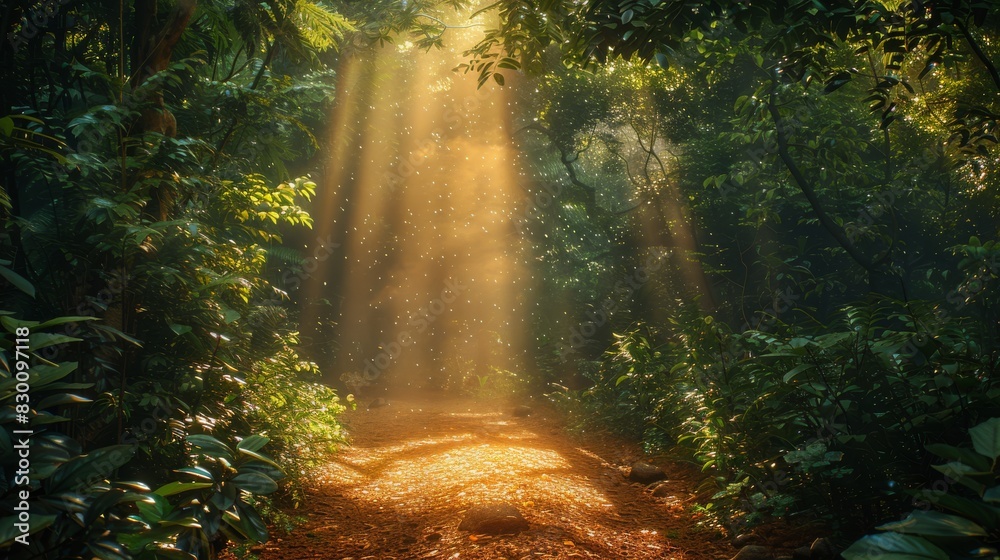 Obraz premium A serene nature path winds through a dense forest, dappled sunlight filtering through the lush canopy overhead, creating a peaceful haven for your next walk