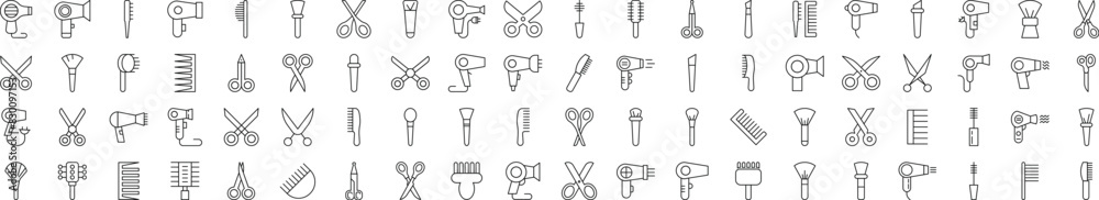 Collection of Signs of Hairbrush, Hairdryer, Cosmetic Brush, Scissors. Suitable for books, stores, shops. Editable stroke in minimalistic outline style. Symbol for design Collection of Signs of Hairbrush, Hairdryer, Cosmetic Brush, Scissors. Suitable for books, stores, shops. Editable stroke in minimalistic outline style. Symbol for design