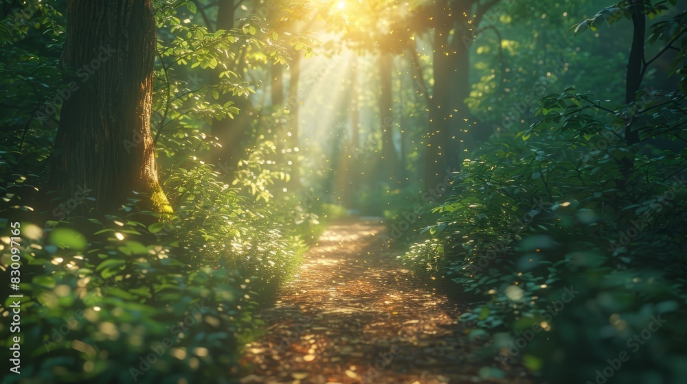 A serene nature path winds through a dense forest, dappled sunlight filtering through the lush canopy overhead, creating a peaceful haven for your next walk A serene nature path winds through a dense forest, dappled sunlight filtering through the lush canopy overhead, creating a peaceful haven for your next walk