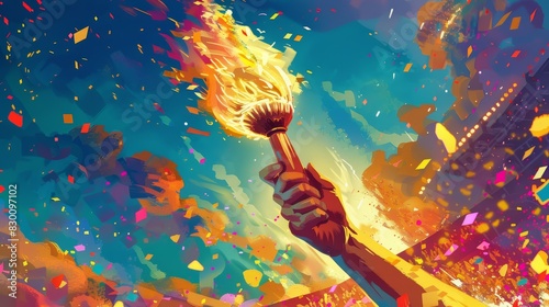 Dynamic illustration of a vibrant torchbearer with a flaming torch, symbolizing triumph and celebration in a festive setting. Generative Ai photo