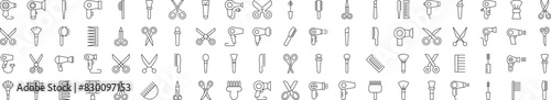 Collection of Signs of Hairbrush, Hairdryer, Cosmetic Brush, Scissors. Suitable for books, stores, shops. Editable stroke in minimalistic outline style. Symbol for design