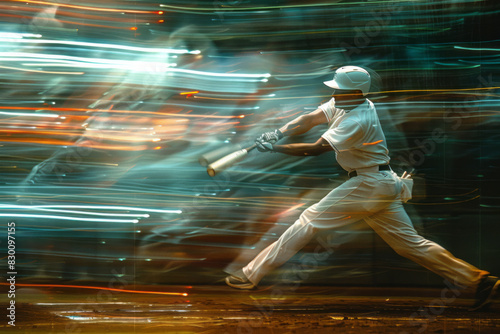 Scene featuring a baseball player figure swinging a bat, with the ball flying off in a blur of motion lines,