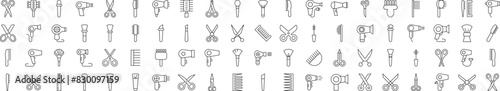 Collection of Icons of Hairbrush, Hairdryer, Cosmetic Brush, Scissors for Shops and Stores. Suitable for books, stores, shops. Editable stroke in minimalistic outline style. Symbol for design