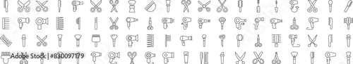 Signs of Hairbrush, Hairdryer, Cosmetic Brush, Scissors for Shops and Stores. Suitable for books, stores, shops. Editable stroke in minimalistic outline style. Symbol for design