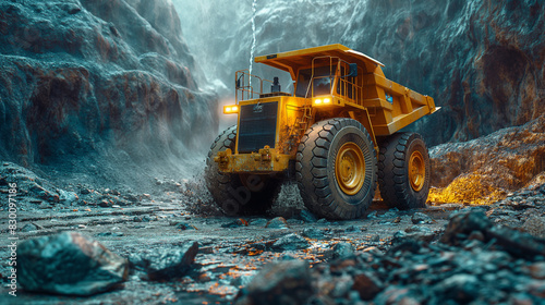 A yellow dump truck is driving through a rocky, mountainous area photo