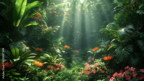 A lush green jungle with a bright sun shining through the trees